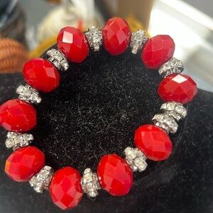 Red faceted and silver bling beaded bracelet